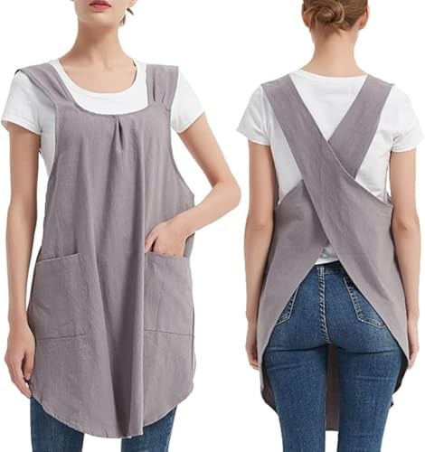 Aoipend Delantal japonés para mujer con 2 bolsillos de lino con espalda cruzada, bonito vestido para cocina, cocina, jardinería, pintura, gris, talla M