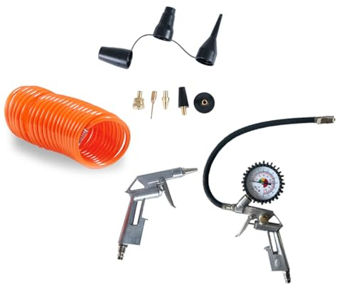 Starkwerk Druckluft Set 11 teilig Reifenfüller Ausblaspistole 5 Meter Druckluftschlauch Zubehör mit Adapter-Set Ballnadel - Druckluft Zubehör für Werkstatt & Garage
