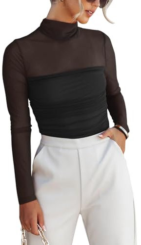 Women's Sexy Mesh Mock Turtle Neck Long Sleeve Ruched Bodysuit - REORIA