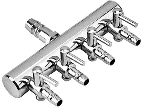 Ejoyous Vattumsluftfördelare för akvarium, slangfördelare i rostfritt stål, akvarium, metall, luftavstängningsventil för 4/8 mm slangluftpump (8 till 4 mm splitterhuvud med fyra hål)