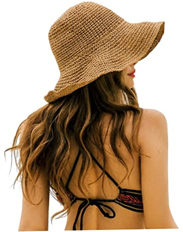 Sombrero de Plaja de Paja Plegable con Ala Ancha para Mujer - Caqui - Protección de Verano y Sol