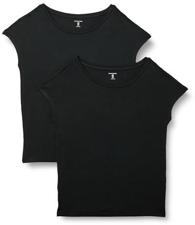 Amazon Essentials T-Shirt en Jersey à Manches Courtes, Encolure Bateau, Coupe Classique Femme, Lot de 2, Noir, L
