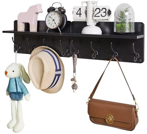 YMYNY Coat Rack Shelf Wall Mounted, Wooden Coat Hooks Set of 2, Entryway Coat Hanger with 8 Hooks,80cm L Floating Shelves, Key Holder, for Kitchen, Bedroom, Bathroom, Living Room, Black,HWS006B-2