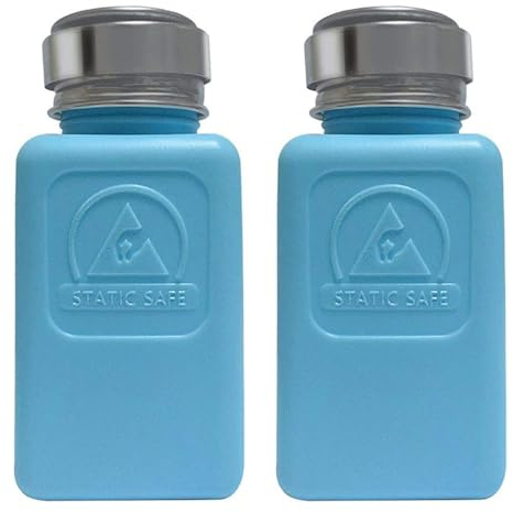 2 Pack 6 OZ / 200ml Permanent ESD Solvent Bottle | AntiStatic Square Bottle | One Touch press Stainless Steel Liquid Dispenser Pump for Rubbing Alcohol / Nail Polish Makeup Remover Dispenser, Blue