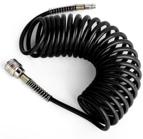 TAILONZ PNEUMATIC Noir Tuyau spiralé en PU de 5M avec un diamètre extérieur de 8mm, (avec raccord rapide et embout, matériau du tuyau en PU)