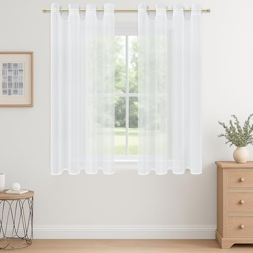 CUTEWIND Cortinas Cocina Cortas Blancas Cortinas y Visillos Translucidas 140x122 cm, Cortina Corta Ventana con Ojales para Salon Dormitorio Comedor 2 Piezas