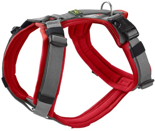 HUNTER Hundegeschirr Maldon UP, Farbe: rot/grau, weich gepolstert & komfortabel, stark reflektierend durch 3M Scotchlite, 4-Fach verstellbar, mit gepolstertem Griff (ab S-M), Größe: M-L