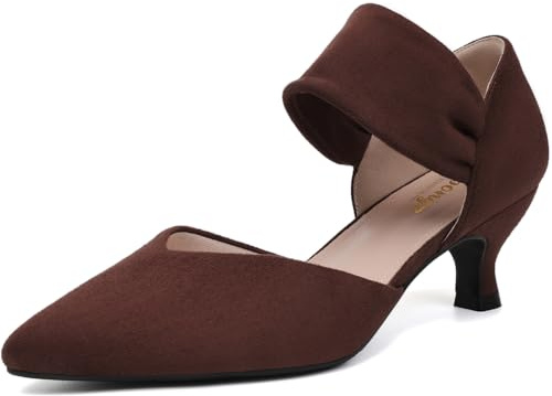 RIBONGZ Brown Comfortable Kitten Heels Suede Prom Low Heels for Women Closed Pointed Toe Sexy Slip on Pumps Church Wedding Bridal Party Dressy Shoes 7