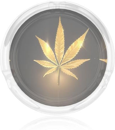 Cenicero redondo de cristal dorado con estampado de cannabis de 3.3 pulgadas, cenicero de cigarrillos de cristal transparente para el hogar, la oficina y el uso al aire libre