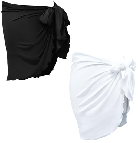 Anseom 2 Pack Women Beach Sarong Wrap Beachwear Wrap Skirts Women’s Swim Cover-Ups Bikini Cover Up Sexy Sarong Cover Ups Short Chiffon Sarongs for Bikini Summer Holiday (Black + White)