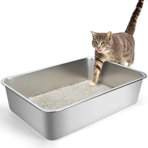 Nobleza Edelstahl Katzenklo XXL 60x40x15cm - Großes Katzentoilette mit Anti-Rutsch Gummiboden, Hop-in Katzen Klo Ohne Deckel, Niemals Gerüche, Fleckfrei, Rostfrei, Antihaft Glatte Oberfläche