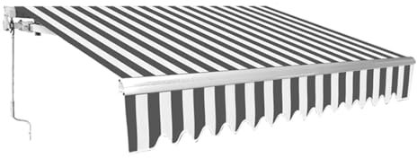 Izrielar Store à bras articulés, 350 x 300 cm, avec manivelle, rétractable pour balcon (angle de 0 à 30 °), protection solaire et brise-vue, blanc/gris, rayé (aluminium/polyester)