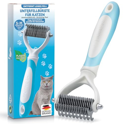 BluePet Unterwollbürste für Katzen, Katzenbürste für Langhaar, Fellbürste zum Entfernen von Unterfell, Unterfellbürste & Katzenkamm, Entfilzungskamm für Langhaarkatzen, Kamm für sanfte Fellpflege Blau
