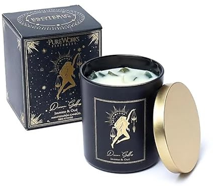 LivuX Manifestationsljus Divine Goddess 50 timmar – Glas med lock och ädelstenar, 9 x 7 cm, handgjutet av soja- och palmvax, jasmin och örn trädoft, andligt doftljus och mindfulness 200 g 1262