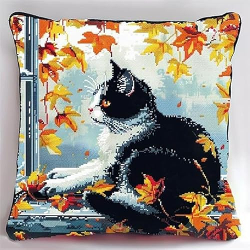 Kit De Cojín Con Gancho De Pestillo Kits De Costura De Fundas De Almohada Con Gato De Hoja De Arce 43X43 Cm Kits De Hilo De Ganchillo Para Bricolaje Kits De Punto De Cruz Kits De Bordado Lat