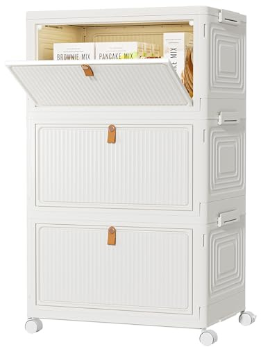 HOMIDEC Scatole Plastica con Coperchio e Ruote, Scatola Portaoggetti Pieghevole, Cassettiera Plastica, 22 L, 3 Unità, Adatto per Riporre Snack, Giocattoli, Libri, Vestiti, Bianco Crema