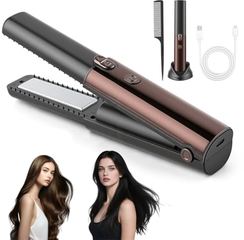 Vicloon Plancha de Pelo Inalámbrica, 2 en 1 Mini Plancha Pelo y Rizador Inalámbrico con 7 Ajustes de Temperatura, 160-220°C, USB Recargable, Pantalla LED, para Viaje, para Todo Tipo de Cabello, Café