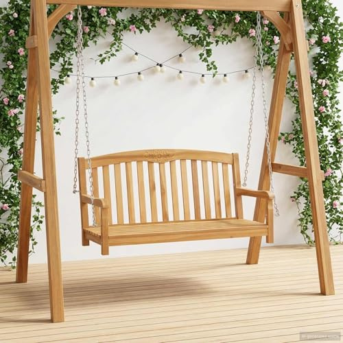 Zeiquah Gungbänk natur av massivt teak 114 x 61 x 61,5 cm med galvaniserad kedja, väderbeständig för trädgård, terrass, balkong, bekväm sits och ryggstöd