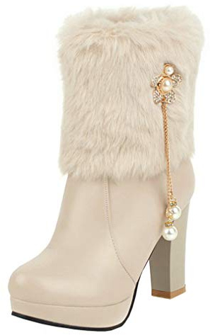 Birdsight Bottine Plateforme Fourrure Femme Talon Bloc Haut Carrés Boots Mi-Mollet Hiver Bout Rond avec Strass Perles Chaussures Fermeture Eclair Winter Booties(Beige,36)
