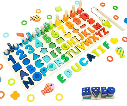DYPLOO Montessori Holz-Puzzle-Spielzeug – Lernspiel Mathematik für Kinder Baby 1 2 3 4 5 6 Jahre – Zahlen und Buchstaben des Alphabets lernen, Formen und Farben erkennen – Geschenk
