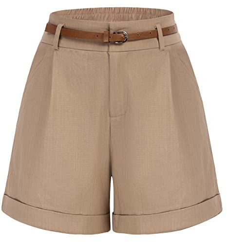 Belle Poque Womens Summer Linen Shorts Khaki Bermuda Shorts with Belts Paper Bag Shorts (Khaki, S)