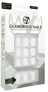 W7 Glamorous Nails - Salon Professional False Nails At Home - Glue Adhesive Included - Square Oval Shape - White Lily