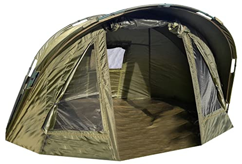 CARP ON - 1 Man Bivvy Fishing Tent With Peak Waterproof 210D Material Day Shelter - Quick Set Up With Bug Mesh Front Door PVC Viewing Panels - Heavy Duty Groundsheet Poles Pegs & Carry Bag [25-1811]