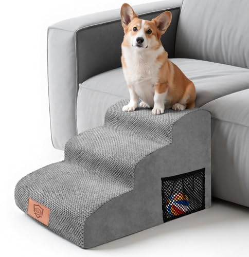 MASTERTOP Scale per Cani 3 Gradini, Scalini Antiscivolo per Gatti e Cani per Divano e Letto, Scaletta Schiuma Alta Densità, Copertura Impermeabile Lavabile (Grigio)