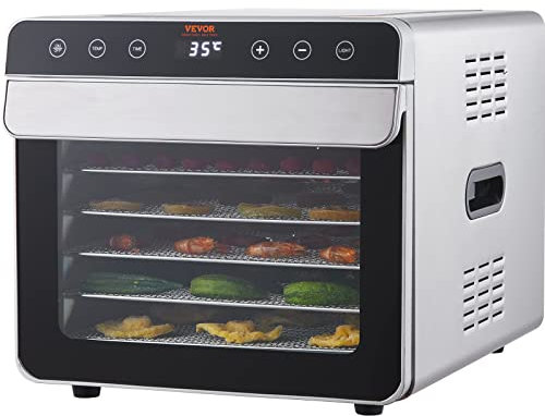 VEVOR 700 W Dörrautomat Edelstahl, 300 x 280 mm 6 Stk. Tabletts 360° Trocken, Dörrgerät, 35-85℃ Temperaturregelung, 0,5 bis 48-Stunden-Timer, Überhitzungsschutz, Rezeptheft für Fleisch Obst Gemüse