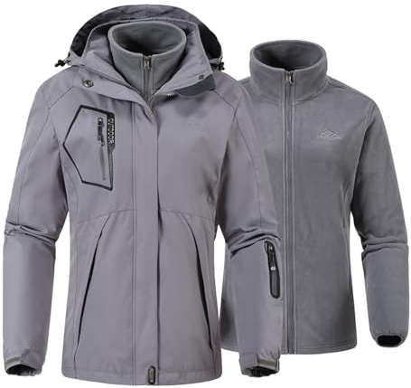 YSENTO Chaqueta de esquí 3 en 1 para mujer, chaqueta de forro polar, impermeable, resistente al viento, cálida y funcional, para exteriores, con capucha desmontable, gris, M