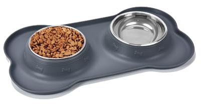 Dog Bowl, Small Dog Bowls, Puppy Bowl Stainless Steel Double Cat Bowls with Non-Spill & Non-Slip Silicone Mats Tray for Dogs Puppies Cats Food Water Feeding (M,2 x 14oz)