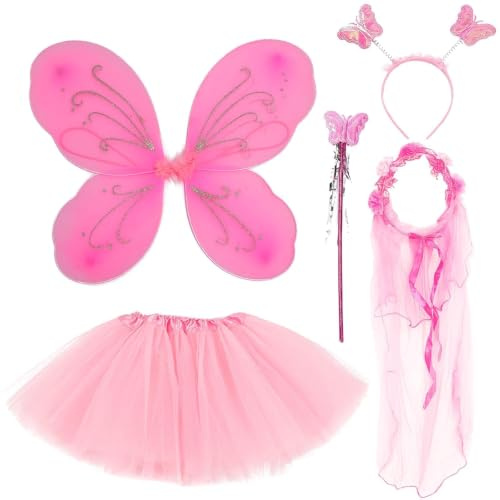BDSHUNBF 5Pcs Costume Fata Vestito Principessa Farfalla con Ali Gonna Tutù Fascia,Fata Costume per Costume da Farfalla,Costumi Angelo Vestito Principessa