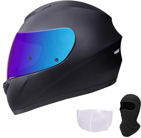KRN Full Face Motorcycle Motorbike Helmet with Color Visor DOT Approved- Helmet & Balaclava & Clear Visor Matt Black (L)
