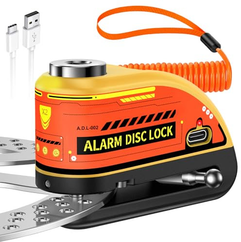 ZEXMTE Bremsscheibenschloss, Wiederaufladbar Motorrad Schloss Alarm 120dB mit 1.8M Rückrufkabel,Verstärkt, Wasserdicht Hochsicherheits Scheibenbremse für Moto, Fahrrad, Scooter, Gelb