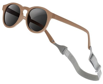 AEUNIV Baby Sonnenbrille mit Riemen, Retro Runder Rahmen Flexibel Polarisiert UV400 für Säugling Kleinkind Neugeborenen Mädchen Jungen Alter 0-24 Monate (Hellbraun)