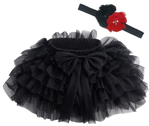 Beganly Baby Mädchen weiche Flauschige Rüschen Tüllrock mit Windelbezug Kleinkind Prinzessinnen Party Tutu Sets mit Blumen Stirnband Schwarz 6-12 Monate(Black M)