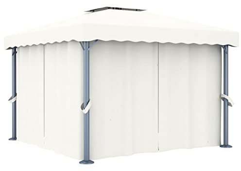 Homgoday Tonnelle avec Rideau 3x3 m Blanc crème Aluminium, Tente de Réception Belvédère de Jardin, Gazebo Pavillon de Extérieur, Chapiteau pour Camping, Fête, Barbecue