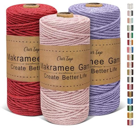 OurTop Corda Macramè 3mm Set, 3mm x 100m Filo Macrame Corda Macramè Filo Morbido Filato Macrame per Fai Da Te, Artigianato, Lavori a Maglia, Lavori Decorativi(Rosa, Rosso, Lilla)