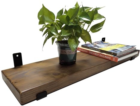Handcrafted Rustic Heavy Duty Wooden Shelves Wall-Mounted Floating Shelves with Seated Black L Brackets-Dark Brown(80x22.5x4.5cm,Rustic Pine)
