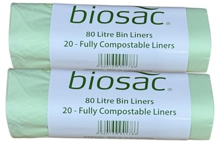 BioSac 80 Litre (80L) x 40 Bags (2 x 20 roll pack) - Extra thick Compostable and Biodegradable Kitchen Food Waste Bio/Compost Bin Liners - Certified EN13432