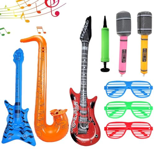 Chitarra per Bambini 9 Pezzi Chitarra Elettrica Bambini Strumenti Musicali Gonfiabili Microfono Chitarra Giocattolo,Adatto per Decorazioni per Feste, Bomboniere Rock, Feste di Compleanno