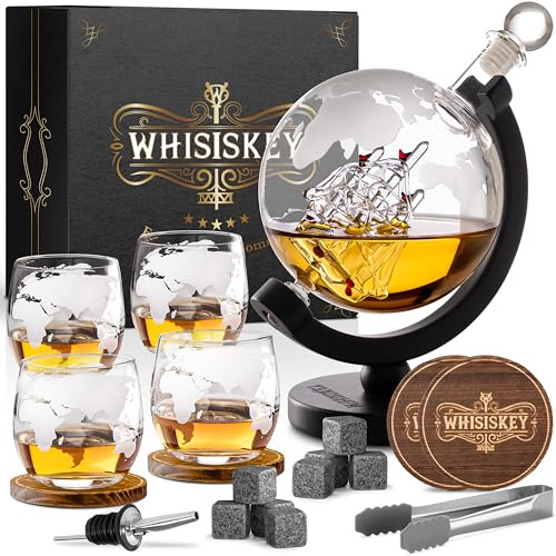 WHISISKEY Decanter per Whisky - Set Whisky Regalo - Idee Regalo Uomo Compleanno - Globe Decanter 900ML, Scatola Regalo, 4 Bicchieri da Whisky x 285ML, 8 Pietre di Whisky, Accessori