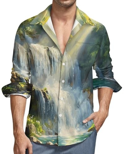 Waterfall in The Forests Fashion Mens Shirts Casual Button Down Dress Shirt Long Sleeve Hawaiian
