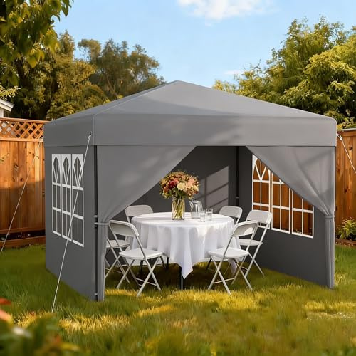 UISEBRT Cenador desplegable de 2,5 x 2,5 cm, resistente al agua, estable, resistente al invierno, anti-UV, con 4 paneles laterales, cierre centralizado con un botón, 3 alturas ajustables, 240-260 cm