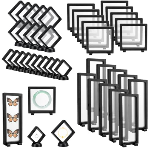 40 Pack 3D Floating Display Frames Bulk, Jewellery Display Cases with Bases | Challenge Coin Display Holder Stands, Transparent PE Film Jewelry Storage Boxes for Medals Stamps Specimens, 4 Sizes, Black