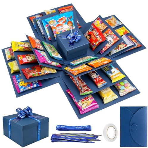 Explosion Gift Box - 5-Layer Creative Surprise Case with Greeting Card, DIY Exploding Present Holder for Birthday Anniversary Wedding, Blue Paper Scrapbooking Box for Photos Snacks and Jewelry