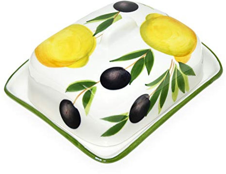 Lashuma Handgemachte Butterdose aus Italienischer Keramik im Zitronen - Oliven Design, Butterbox Größe 18x14 cm