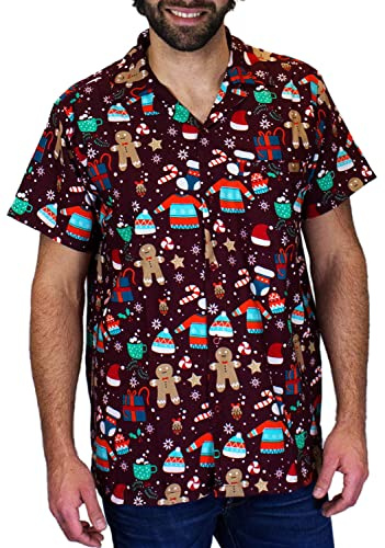 King Kameha Funky-Camisa-Hawaiana, Navidad, Manga-Corta, Ginger-Bread, Rojo, XL
