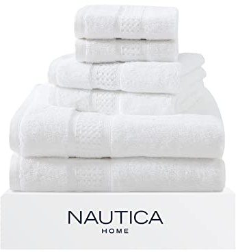 Nautica - 6 Piece Bath Towels, Absorbent & Fade Resistant Cotton Towel Set, Fashionable Bathroom Decor (Oceane White, 6 Piece)