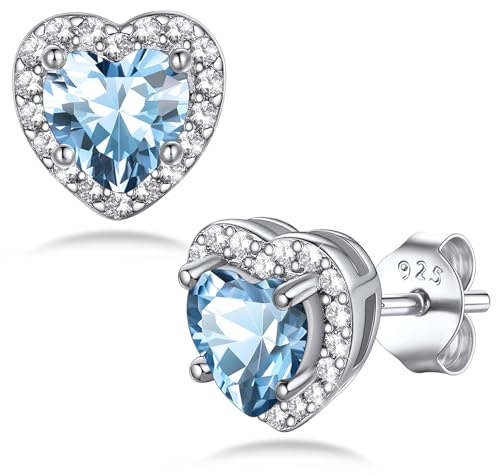 Bestyle Sterling Silver Studs Earrings for Women Hypoallergenic Aquamarine Earrings March Birthstone Earrings Heart Blue Cubic Zirconia Elegant Ear Jewellery Gifts